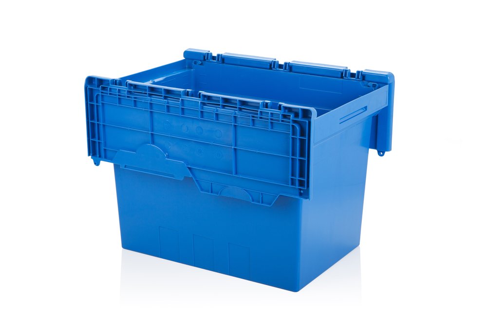 Open,Blue,Plastic,Box,On,White,Background,With,Reflection.